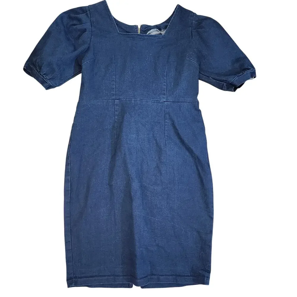 Handmade Stretch Denim Square Neck Bodycon Pencil Dress-Size 16